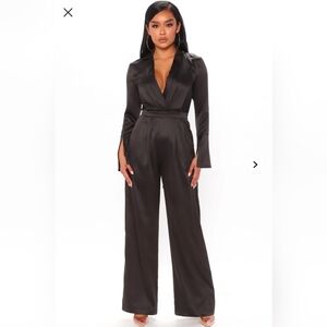 Fashion Nova Wonderlust Satin Jumpsuit - Black Size XS NWT